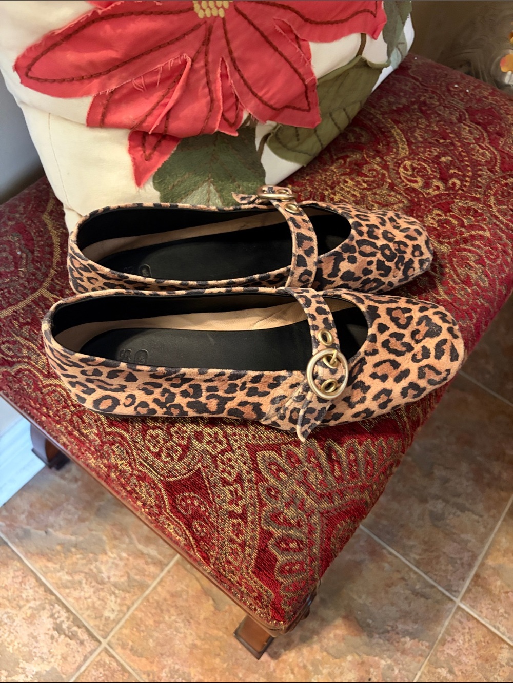 Leopard Print Mary Jane Flats - Tan/Black